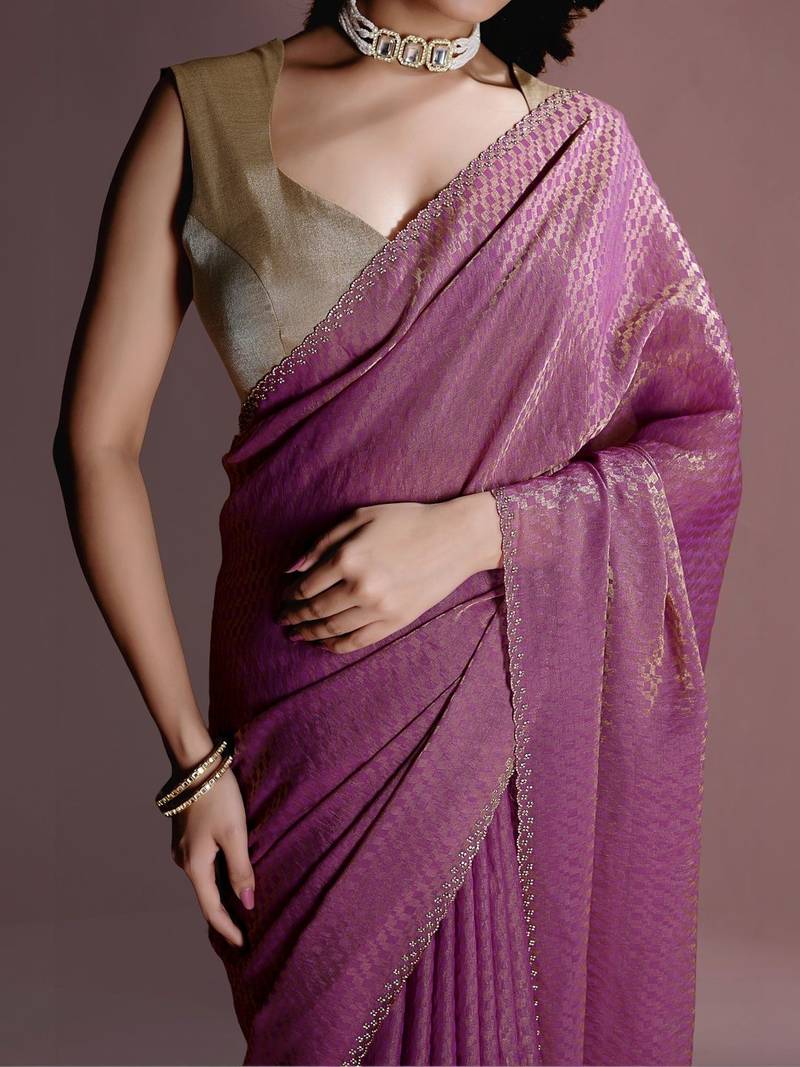 Purple women ethnic motifs woven design saree