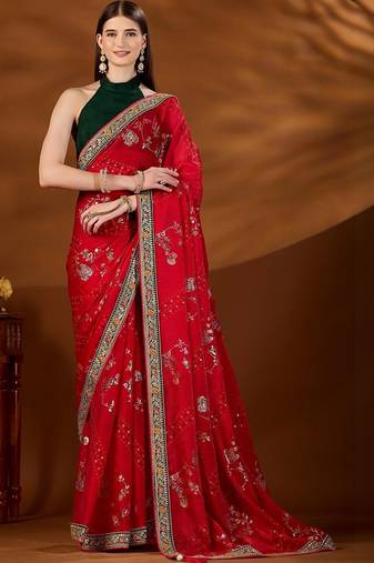 Red floral embroidered organza saree