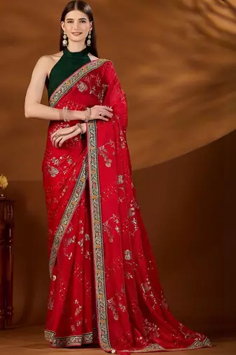 Red floral embroidered organza saree