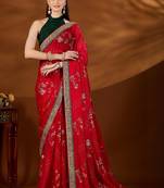 Red floral embroidered organza saree