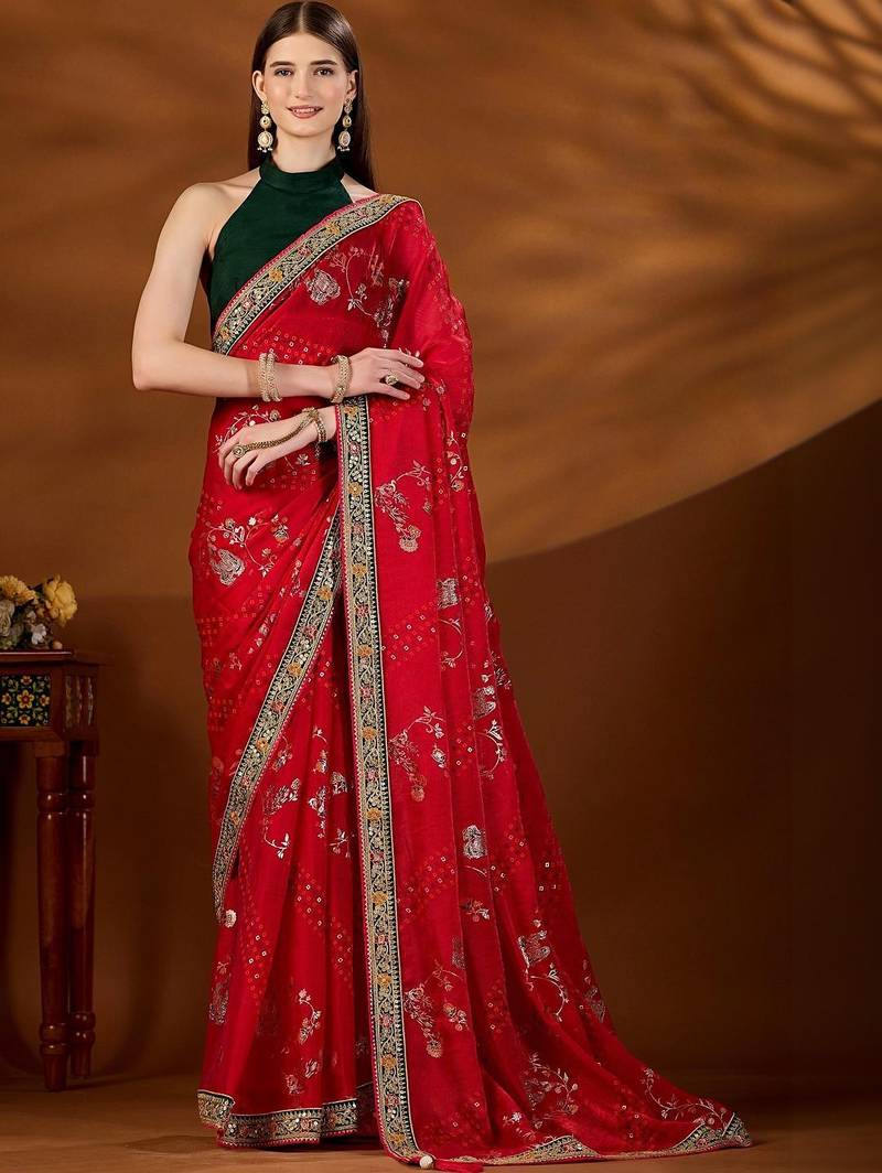 Red floral embroidered organza saree