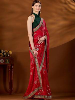 Red floral embroidered organza saree 2