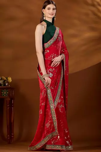 Red floral embroidered organza saree