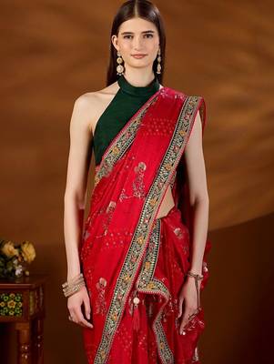 Red floral embroidered organza saree 3