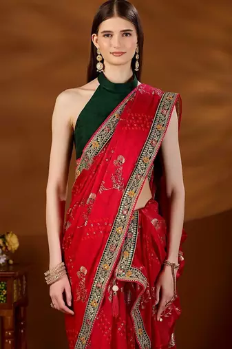 Red floral embroidered organza saree