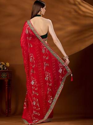 Red floral embroidered organza saree 4