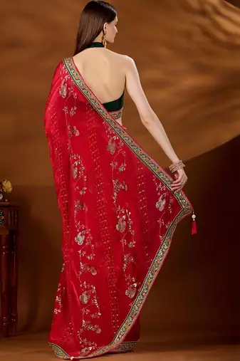 Red floral embroidered organza saree