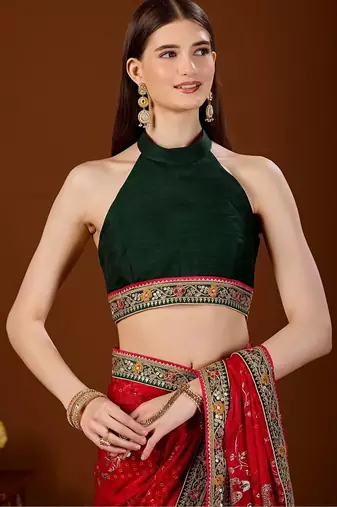 Red floral embroidered organza saree