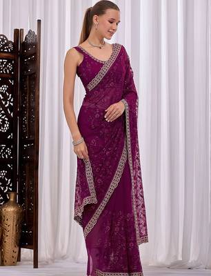 Purple floral embroidered  chiffon saree 1