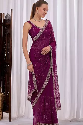 Purple floral embroidered  chiffon saree