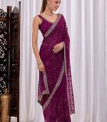 Purple floral embroidered  chiffon saree
