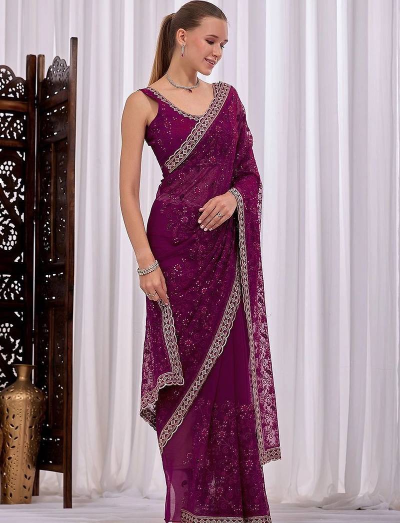 Purple floral embroidered  chiffon saree