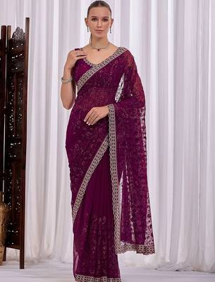 Purple floral embroidered  chiffon saree 2