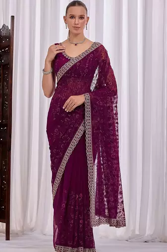 Purple floral embroidered  chiffon saree