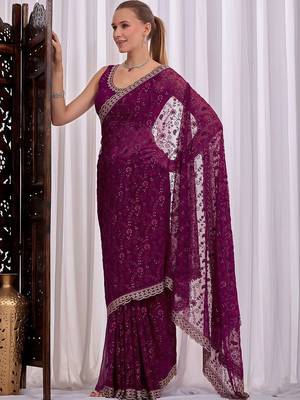 Purple floral embroidered  chiffon saree 3