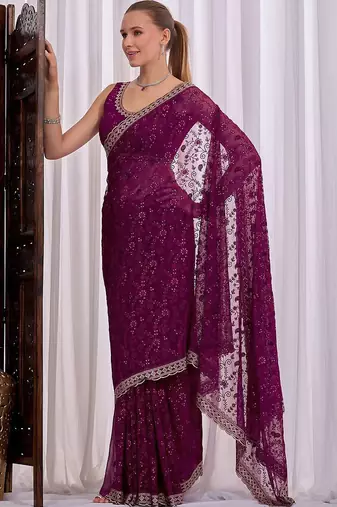 Purple floral embroidered  chiffon saree