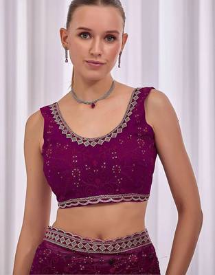 Purple floral embroidered  chiffon saree 4
