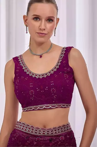 Purple floral embroidered  chiffon saree