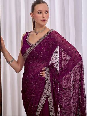 Purple floral embroidered  chiffon saree 5