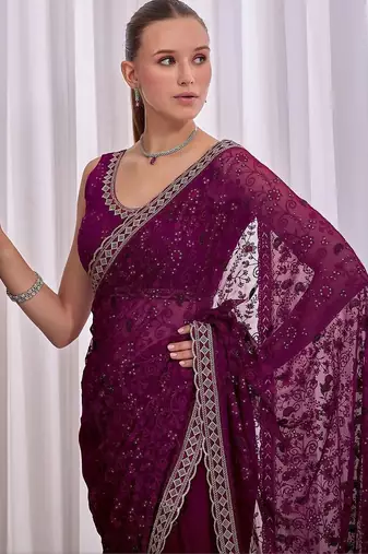 Purple floral embroidered  chiffon saree