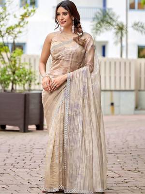 Beige floral beads and stones tissue saree 1