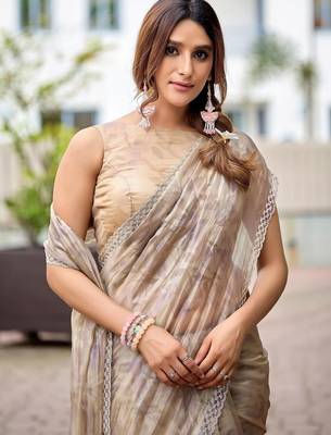 Beige floral beads and stones tissue saree 2