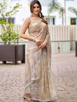 Beige floral beads and stones tissue saree 3