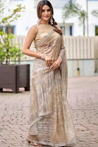 Beige floral beads and stones tissue saree