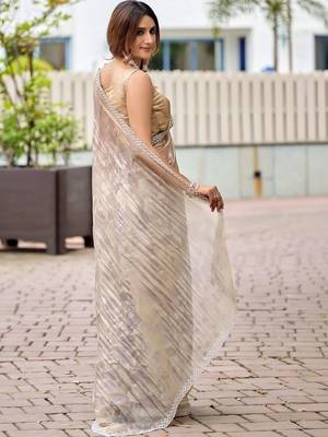 Beige floral beads and stones tissue saree 4