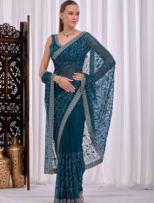 Teal floral embroidered  chiffon saree 1