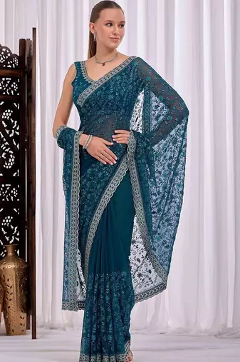 Teal floral embroidered  chiffon saree