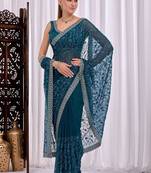 Teal floral embroidered  chiffon saree