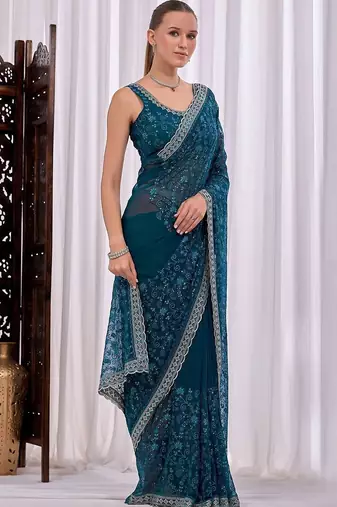 Teal floral embroidered  chiffon saree