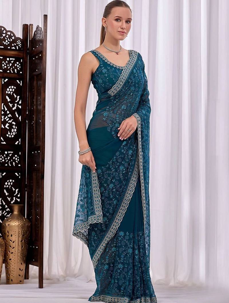 Teal floral embroidered  chiffon saree