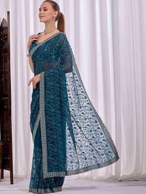 Teal floral embroidered  chiffon saree 3