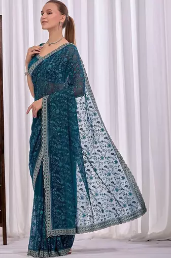 Teal floral embroidered  chiffon saree