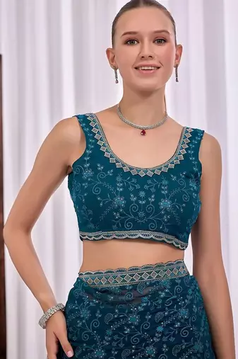 Teal floral embroidered  chiffon saree