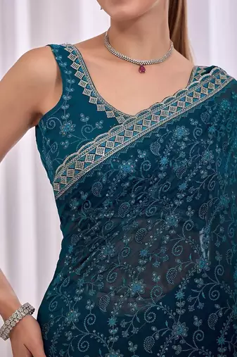Teal floral embroidered  chiffon saree