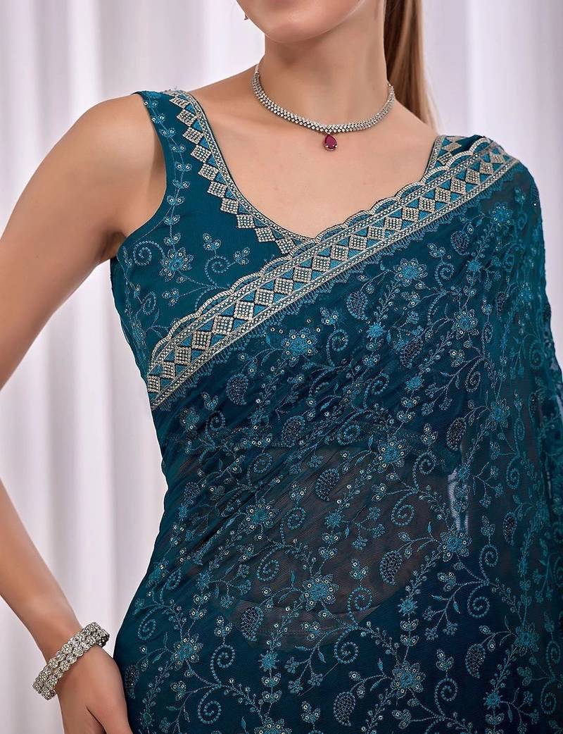 Teal floral embroidered  chiffon saree