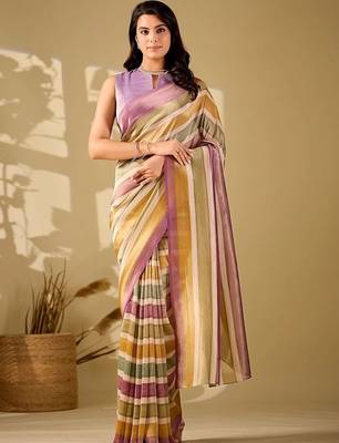 Multicolor striped beads and stones tissue saree 1