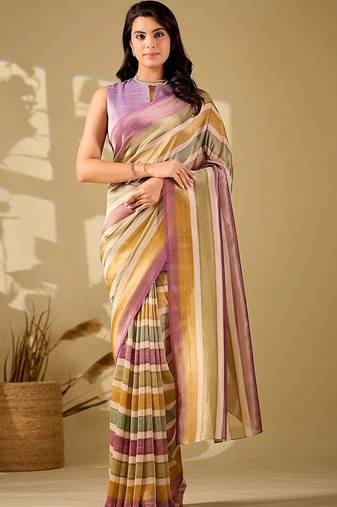 Multicolor striped beads and stones tissue saree