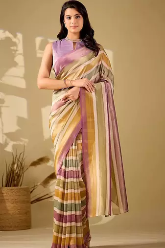 Multicolor striped beads and stones tissue saree