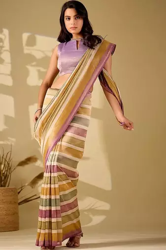 Multicolor striped beads and stones tissue saree