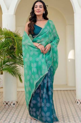 Green batik beads and stones jute cotton saree