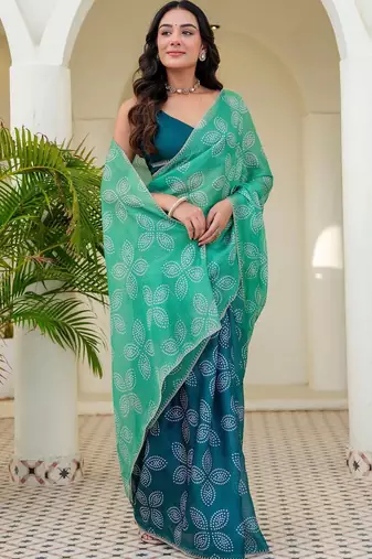 Green batik beads and stones jute cotton saree