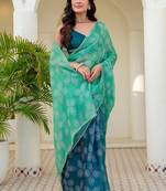 Green batik beads and stones jute cotton saree
