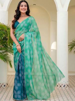 Green batik beads and stones jute cotton saree 3