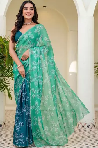 Green batik beads and stones jute cotton saree