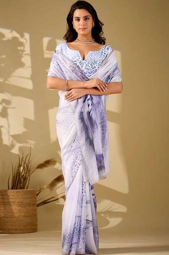 Off white beads and stones organza women  saree