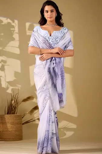 Off white beads and stones organza women  saree